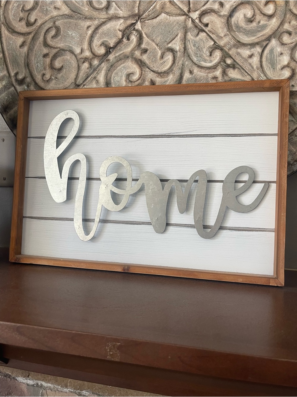 Silver "Home" Wall Sign with Wooden Frame